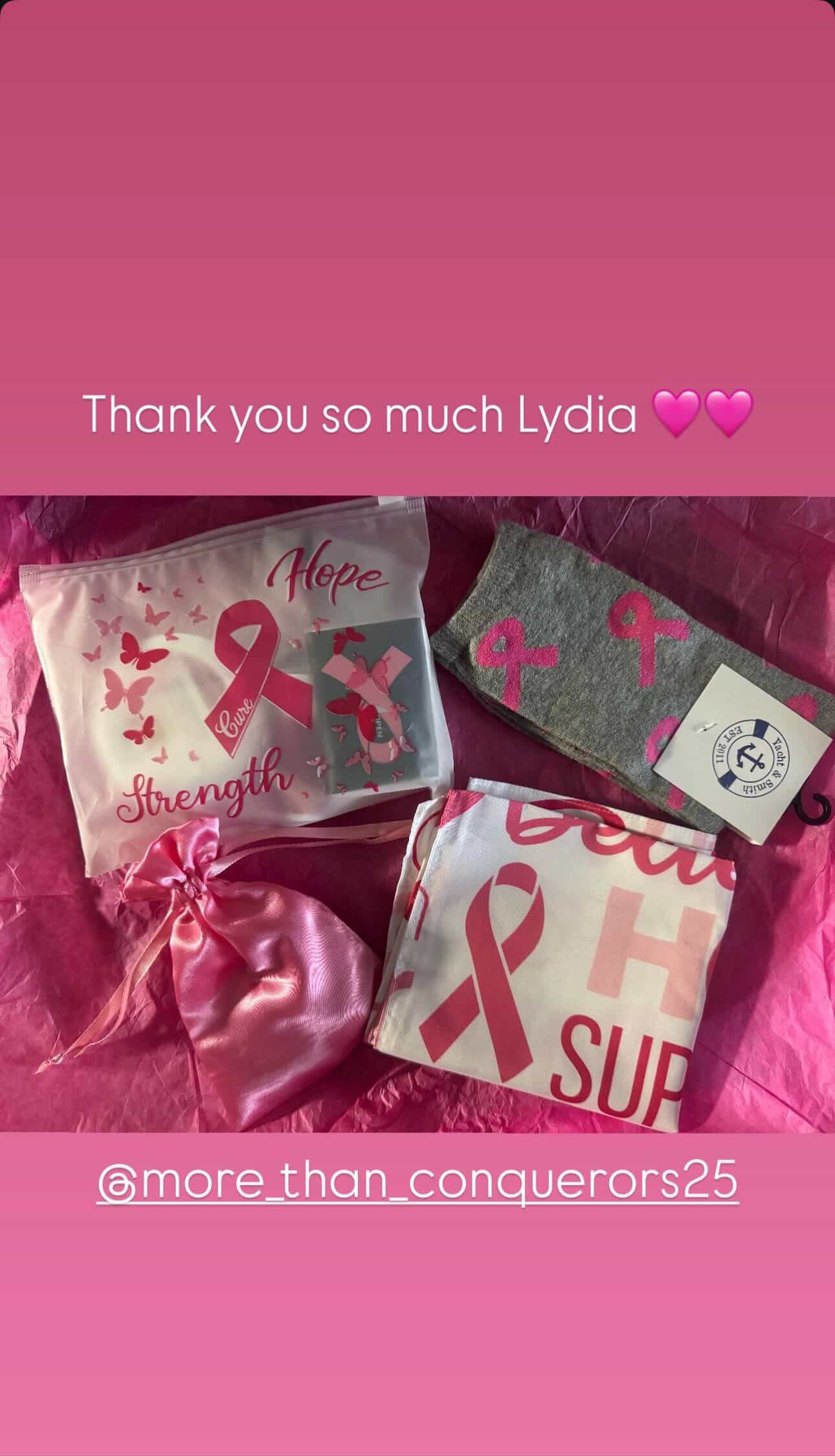 Community story screenshot thanking a board member and showing gifts from More Than Conquerors